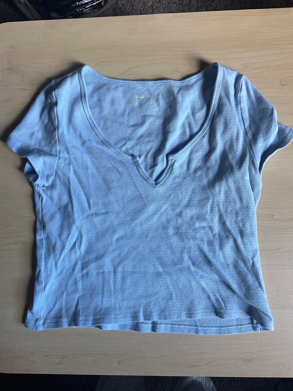 Aerie Periwinkle Blue Waffle Knit Notch V-Neck Crop Tee - Size Large